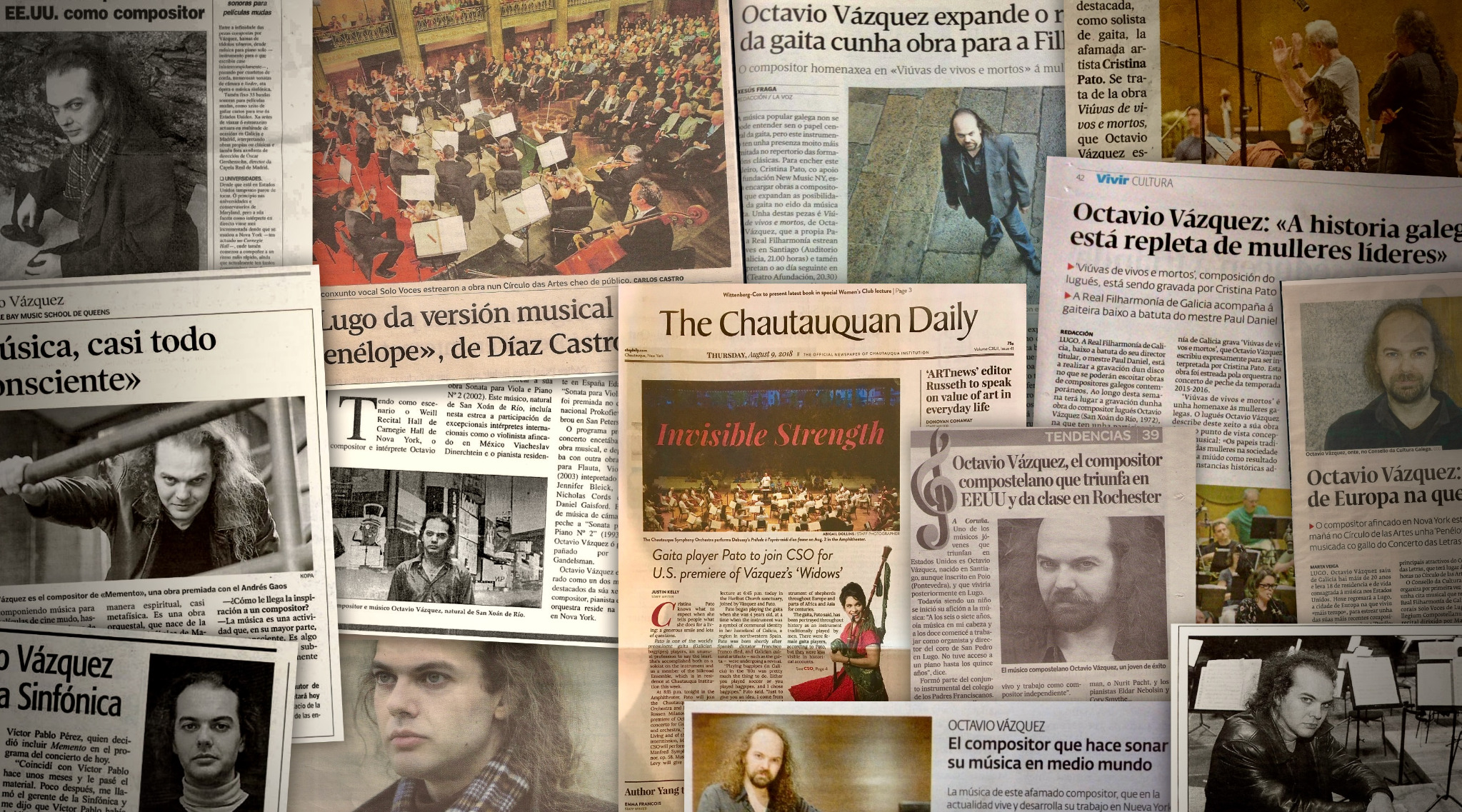 A collage of newspaper and magazine coverage of Octavio Vázquez and his music