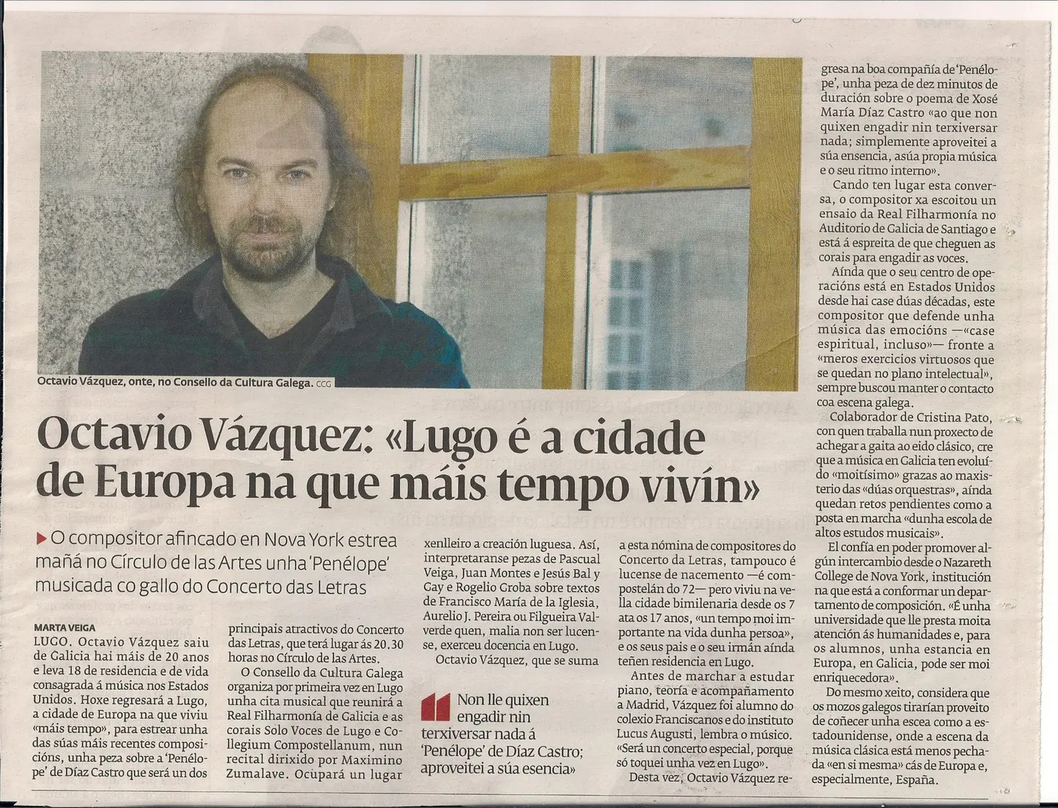 El Progreso interview with Octavio Vazquez about the premiere of Penelope