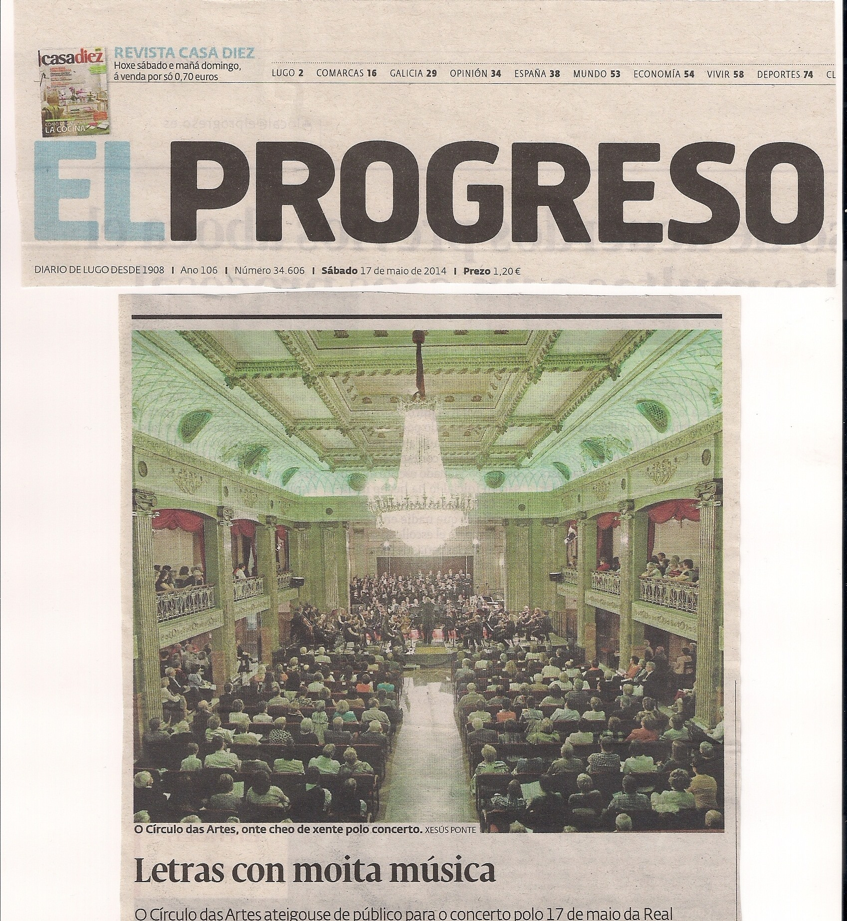 El Progreso front page devoted to the Penelope premiere concert in Lugo