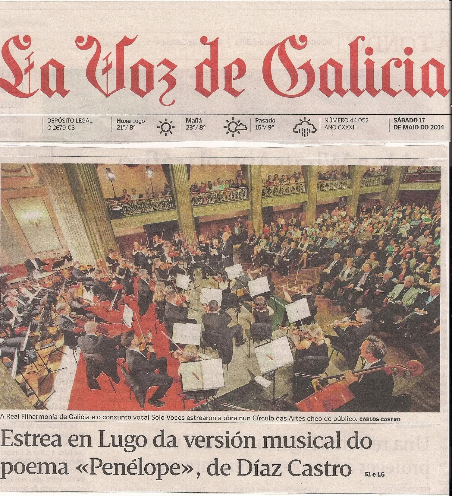 La Voz de Galicia front page showing the premiere of Penelope in Lugo